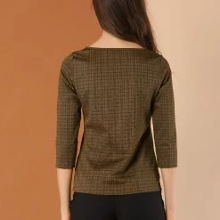 Allegra K Women's Work Office 3/4 Sleeve Boat Neck Houndstooth Top Blouse