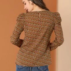 Allegra K Women's Puff Sleeve Top Retro Round Neck Puffy Blouse Tops