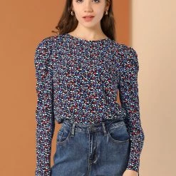 Allegra K Women's Puff Sleeve Top Retro Round Neck Puffy Blouse Tops