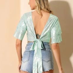 Allegra K Women's Summer Tie Back Blouse Shiny Multicolor Flare Sleeve V Neck Crop Top 14 Allegra K Women's Summer Tie Back Blouse Shiny Multicolor Flare Sleeve V Neck Crop Top