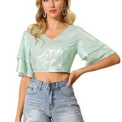 Allegra K Women's Summer Tie Back Blouse Shiny Multicolor Flare Sleeve V Neck Crop Top