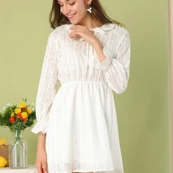 Allegra K Women's Spring Tie Neck Elastic Waist Textured Long Sleeve A-Line Mini Dress