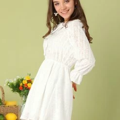 Allegra K Women's Spring Tie Neck Elastic Waist Textured Long Sleeve A-Line Mini Dress