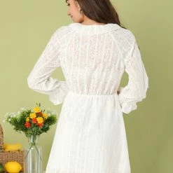 Allegra K Women's Spring Tie Neck Elastic Waist Textured Long Sleeve A-Line Mini Dress