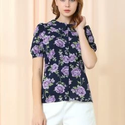 Allegra K Women’s Peter Pan Collar Rose Floral Print Button Front Short Sleeve Top Shirt