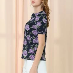 Allegra K Women’s Peter Pan Collar Rose Floral Print Button Front Short Sleeve Top Shirt