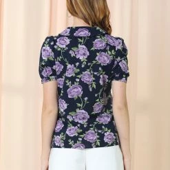 Allegra K Women’s Peter Pan Collar Rose Floral Print Button Front Short Sleeve Top Shirt
