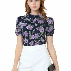 Allegra K Women’s Peter Pan Collar Rose Floral Print Button Front Short Sleeve Top Shirt