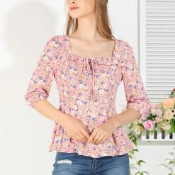 Allegra K Women's Floral Print Ruffle Hem Tie Blouse Square Neck Vintage Top