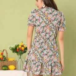 Allegra K Women's Chiffon Dress Floral Ruffle Puff Short Sleeve Tiered Summer Mini Dress 14 Allegra K Women's Chiffon Dress Floral Ruffle Puff Short Sleeve Tiered Summer Mini Dress