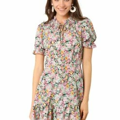 Allegra K Women's Chiffon Dress Floral Ruffle Puff Short Sleeve Tiered Summer Mini Dress