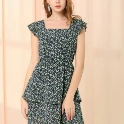 Allegra K Women's Short Sleeve Square Neck Elastic Waist Layered Floral Mini Dress