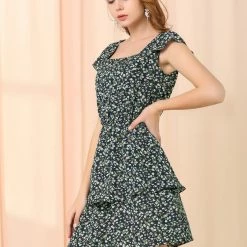 Allegra K Women's Short Sleeve Square Neck Elastic Waist Layered Floral Mini Dress