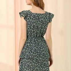 Allegra K Women's Short Sleeve Square Neck Elastic Waist Layered Floral Mini Dress