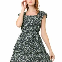 Allegra K Women's Short Sleeve Square Neck Elastic Waist Layered Floral Mini Dress