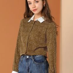 Allegra K Women's Dots Printed Point Collar Button Down Shirt Blouse