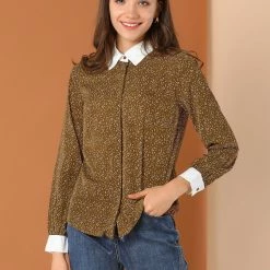 Allegra K Women's Dots Printed Point Collar Button Down Shirt Blouse