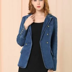 Allegra K Women's Casual Lapel Jeans Long Sleeve Denim Jacket W Pockets