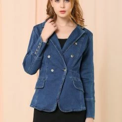 Allegra K Women's Casual Lapel Jeans Long Sleeve Denim Jacket W Pockets