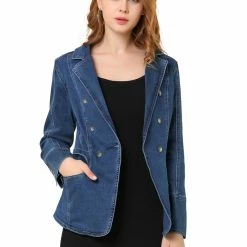 Allegra K Women's Casual Lapel Jeans Long Sleeve Denim Jacket W Pockets