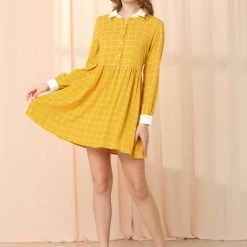 Allegra K Women's Plaid Long Sleeve Half Placket Contrast Point Collar Shirt Dress