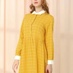 Allegra K Women's Plaid Long Sleeve Half Placket Contrast Point Collar Shirt Dress