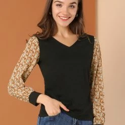 Allegra K Women's Casual Leopard Print V Neck Patchwork Long Sleeve Tops T-Shirts