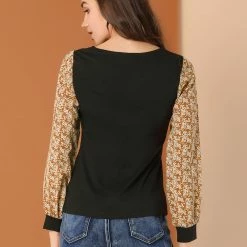 Allegra K Women's Casual Leopard Print V Neck Patchwork Long Sleeve Tops T-Shirts