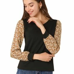 Allegra K Women's Casual Leopard Print V Neck Patchwork Long Sleeve Tops T-Shirts