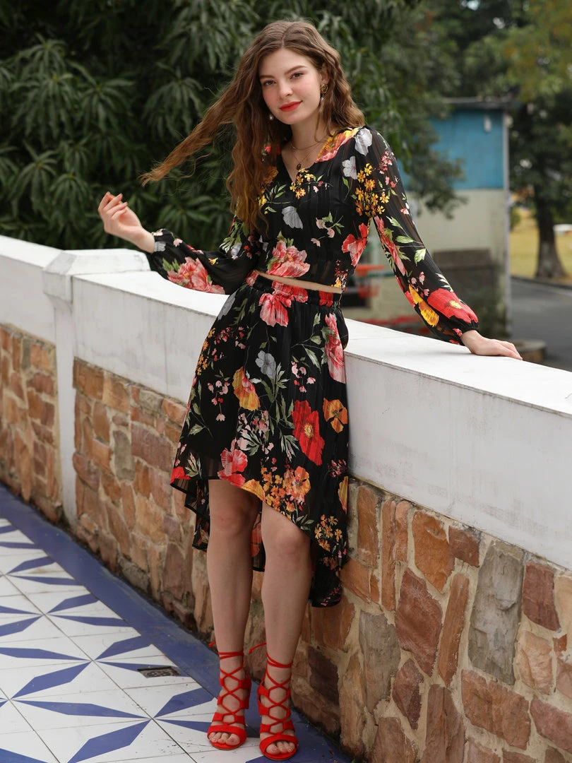 Allegra K Women's Floral Print Crop Blouse V Neck Semi Sheer Long Sleeves Tie Hem Top 6 Allegra K Women's Floral Print Crop Blouse V Neck Semi Sheer Long Sleeves Tie Hem Top