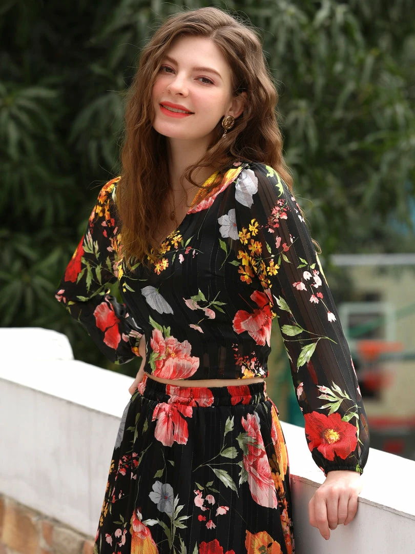 Allegra K Women's Floral Print Crop Blouse V Neck Semi Sheer Long Sleeves Tie Hem Top 7 Allegra K Women's Floral Print Crop Blouse V Neck Semi Sheer Long Sleeves Tie Hem Top