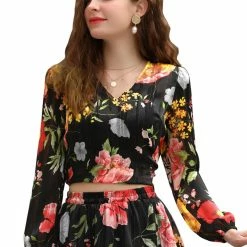 Allegra K Women's Floral Print Crop Blouse V Neck Semi Sheer Long Sleeves Tie Hem Top