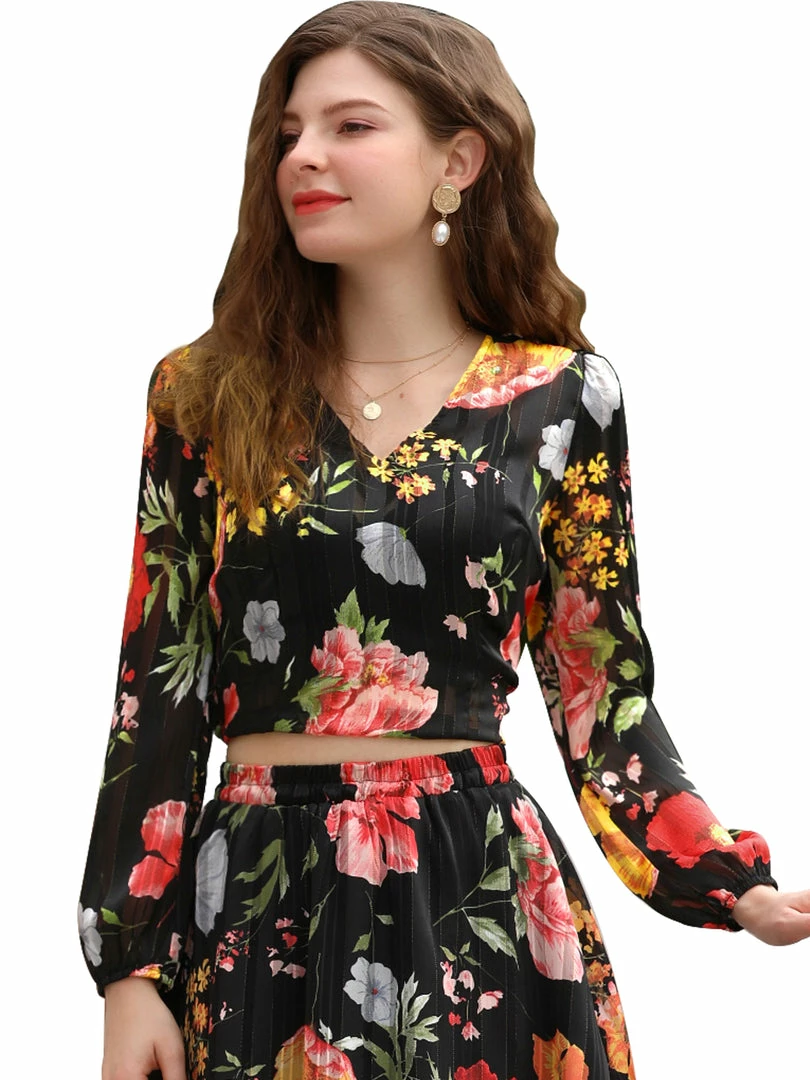 Allegra K Women's Floral Print Crop Blouse V Neck Semi Sheer Long Sleeves Tie Hem Top 4 Allegra K Women's Floral Print Crop Blouse V Neck Semi Sheer Long Sleeves Tie Hem Top