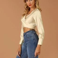 Allegra K Women's Long Sleeve Deep V Neck Self Bow Tie Knot Front Satin Crop Top 13 Allegra K Women's Long Sleeve Deep V Neck Self Bow Tie Knot Front Satin Crop Top