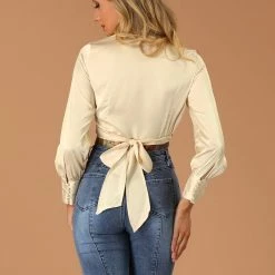 Allegra K Women's Long Sleeve Deep V Neck Self Bow Tie Knot Front Satin Crop Top 14 Allegra K Women's Long Sleeve Deep V Neck Self Bow Tie Knot Front Satin Crop Top