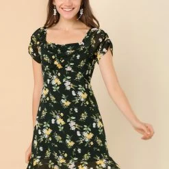 Allegra K Women's Puff Short Sleeve Ruched Ruffle Hem Floral Dress 11 Allegra K Women's Puff Short Sleeve Ruched Ruffle Hem Floral Dress