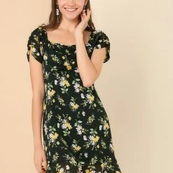 Allegra K Women's Puff Short Sleeve Ruched Ruffle Hem Floral Dress 12 Allegra K Women's Puff Short Sleeve Ruched Ruffle Hem Floral Dress