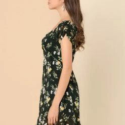 Allegra K Women's Puff Short Sleeve Ruched Ruffle Hem Floral Dress 13 Allegra K Women's Puff Short Sleeve Ruched Ruffle Hem Floral Dress