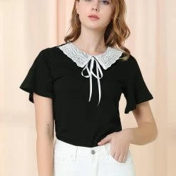 Allegra K Women's Casual Contrast Collar Keyhole Tie Short Sleeve Blouse Tops