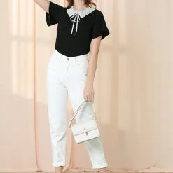 Allegra K Women's Casual Contrast Collar Keyhole Tie Short Sleeve Blouse Tops