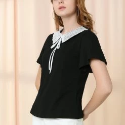 Allegra K Women's Casual Contrast Collar Keyhole Tie Short Sleeve Blouse Tops