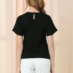 Allegra K Women's Casual Contrast Collar Keyhole Tie Short Sleeve Blouse Tops