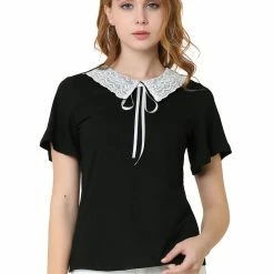 Allegra K Women's Casual Contrast Collar Keyhole Tie Short Sleeve Blouse Tops