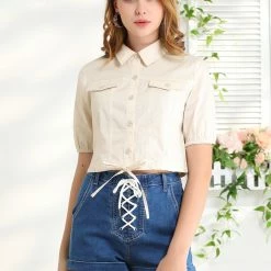 Allegra K Women's Collar Button Down Drawstring Hem Short Sleeve Basic Solid Crop Shirt