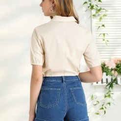 Allegra K Women's Collar Button Down Drawstring Hem Short Sleeve Basic Solid Crop Shirt