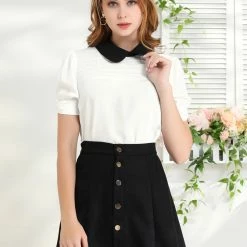 Allegra K Women's Peter Pan Collar Contrast Puff Short Sleeve Casual Blouse Top