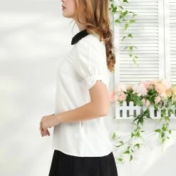 Allegra K Women's Peter Pan Collar Contrast Puff Short Sleeve Casual Blouse Top