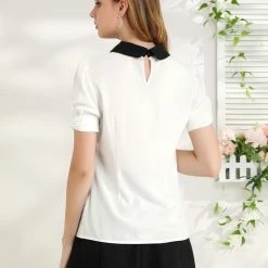 Allegra K Women's Peter Pan Collar Contrast Puff Short Sleeve Casual Blouse Top