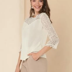 Allegra K Women’s Semi Sheer Mesh Lace Panel Round Neck Loose 3/4 Bell Sleeve Blouse Top