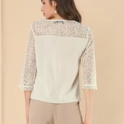 Allegra K Women’s Semi Sheer Mesh Lace Panel Round Neck Loose 3/4 Bell Sleeve Blouse Top